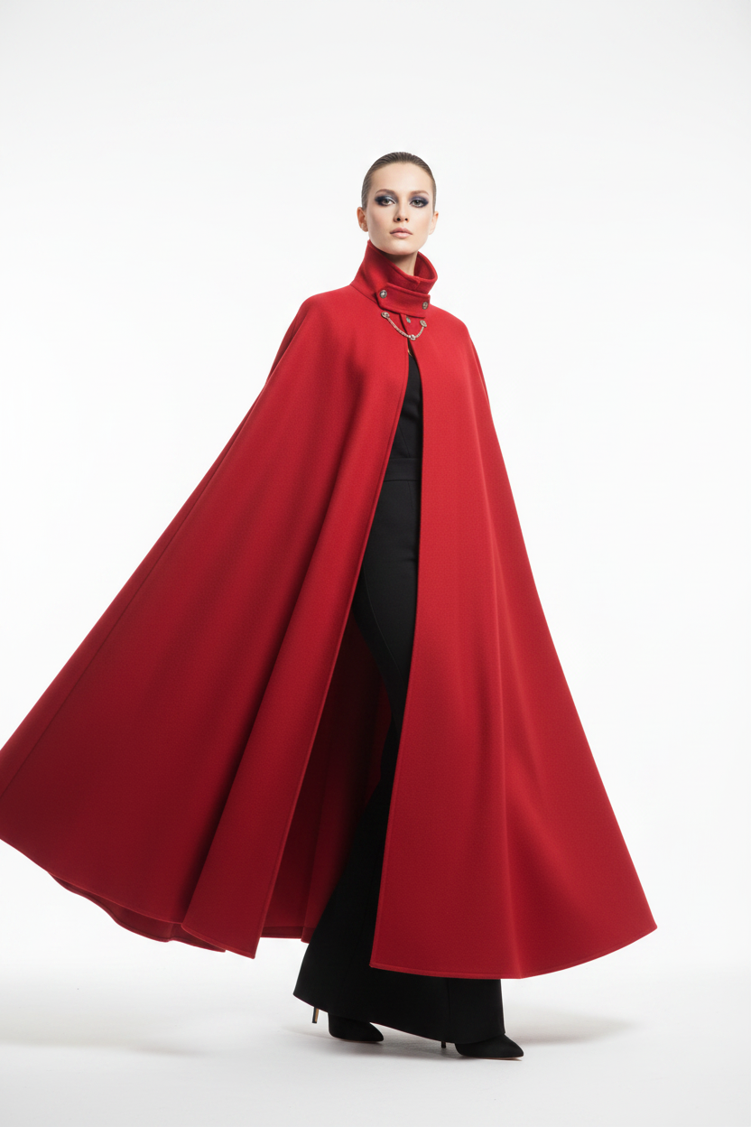 Tabarro Cloak Mantello Veneziano Rosso Lussuoso in Pura Lana