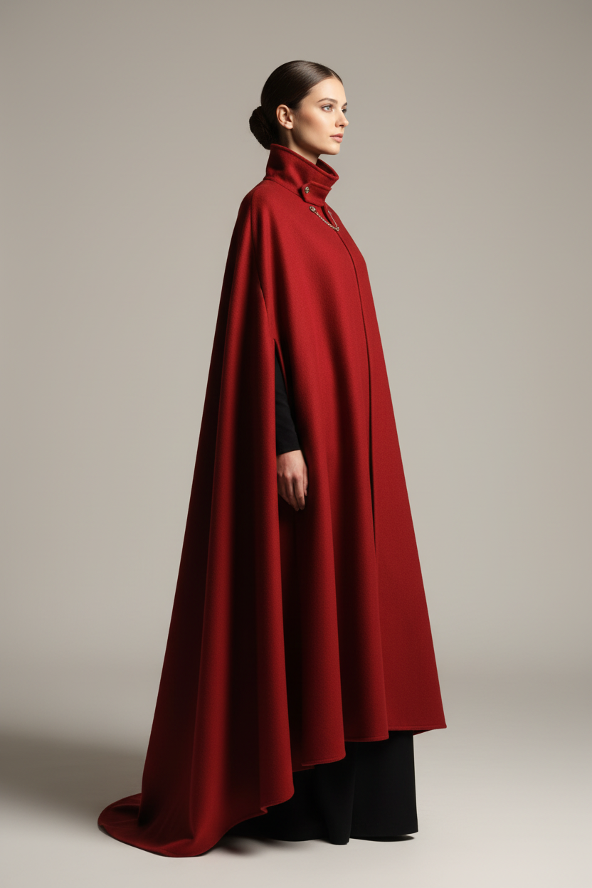 Tabarro Cloak Mantello Veneziano Rosso Lussuoso in Pura Lana