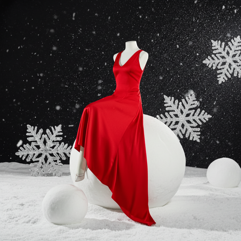 Abito Rosso Elegante Scollato e Creato a Mano in Cotone Organico