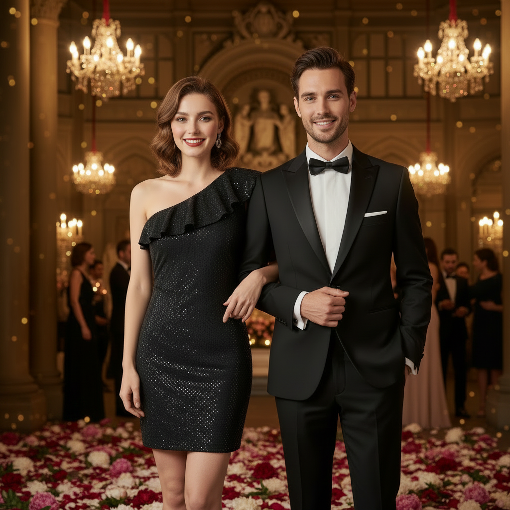 Abito Nero Elegante da Cocktail in Paillettes Monospalla